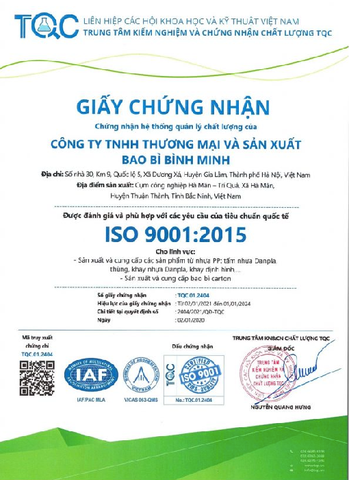 Chứng chỉ ISO 9001:2015 - Tấm Nhựa Danpla Bình Minh - Công Ty TNHH Thương Mại Và Sản Xuất Bao Bì Bình Minh